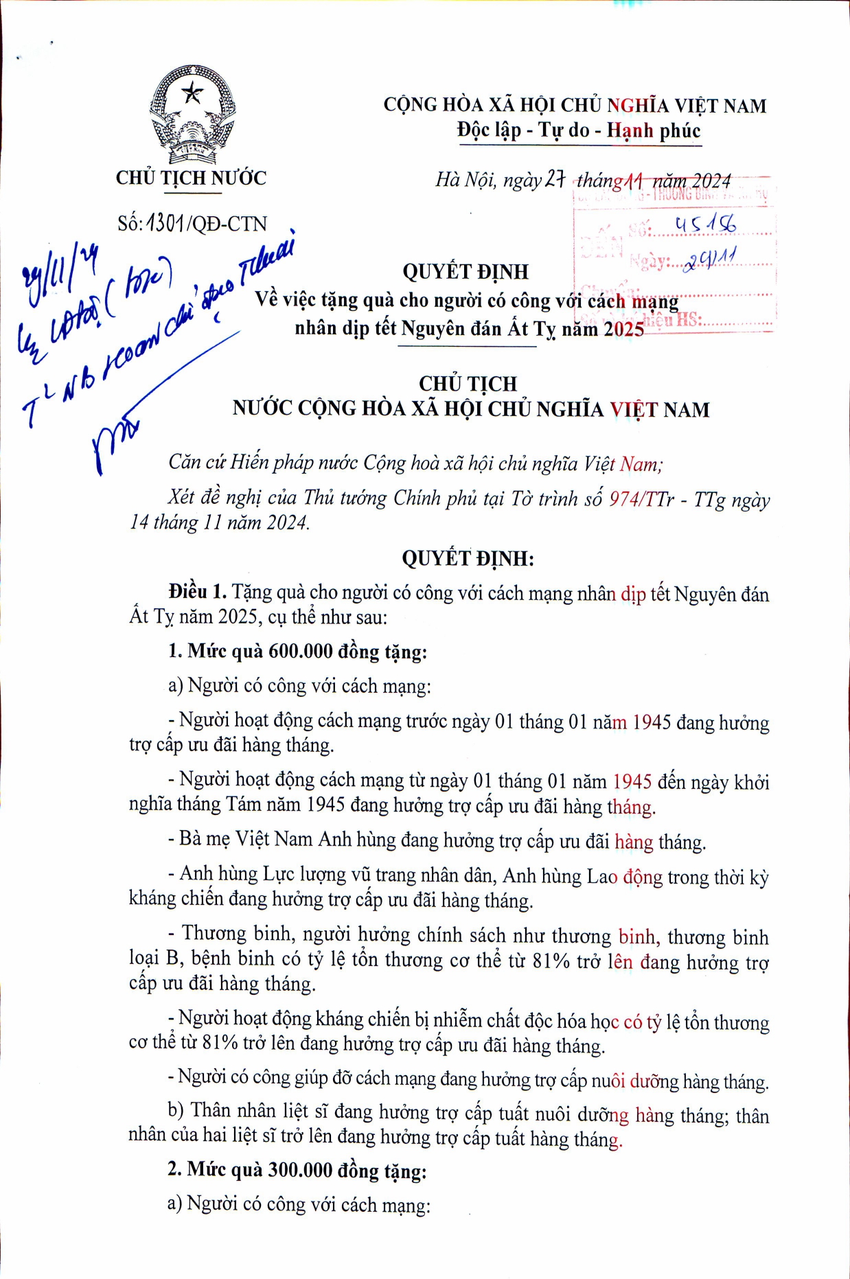 Quyết định về việc tặng quà cho người có công với cách mạng nhân dịp Tết Nguyên đán Ất Tỵ năm 2025